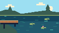 A wooden dock beside the starting pond, with lily pads and pine trees on the far bank.